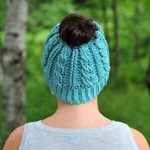 Handmade Aqua Cable Stitch Messy Bun Hat Made in Canada